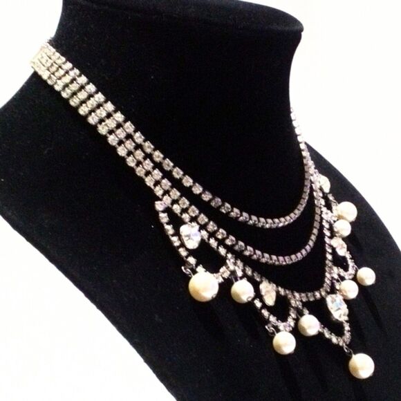 Vintage Rhinestone and Faux Pearl Silver Tone Bib Necklace - Picture 3 of 8